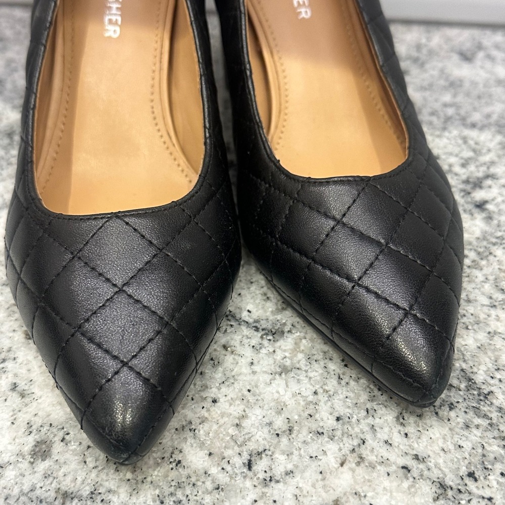 Marc Fisher Womens 6M Zala Pumps Black Quilted Leather Block Heel Pointed Toe - Picture 3 of 8